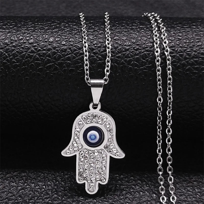 Greek Eye Fatima Hand Necklace for Women Men Stainless Steel Turkish Evil Blue Eye Protection Chain Islamic Jewelry N8041S01