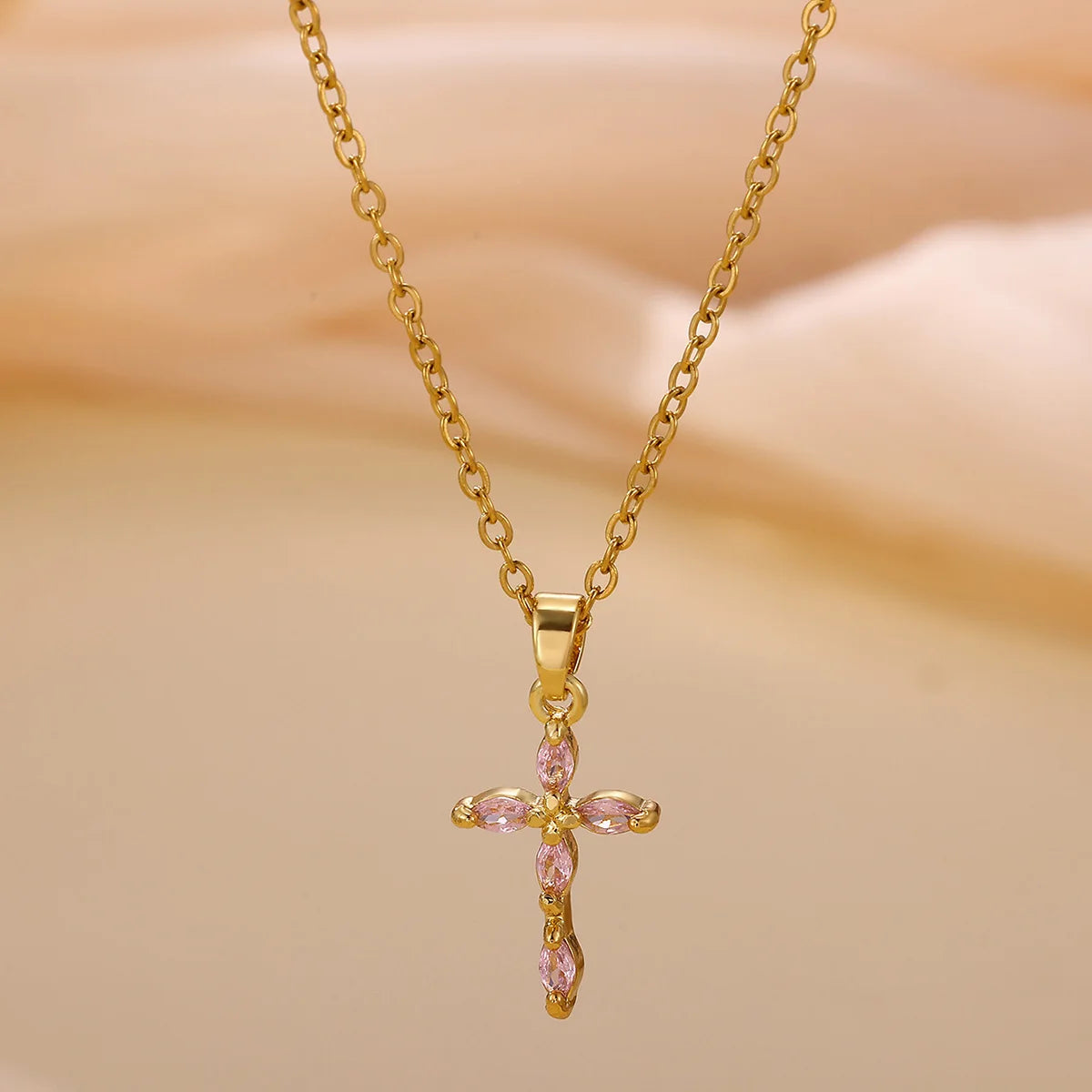 Colorful Shiny Cubic Zirconia Cross Pendant Necklaces for Women Gold Color Delicate Fashion Collar Jewelry Gift