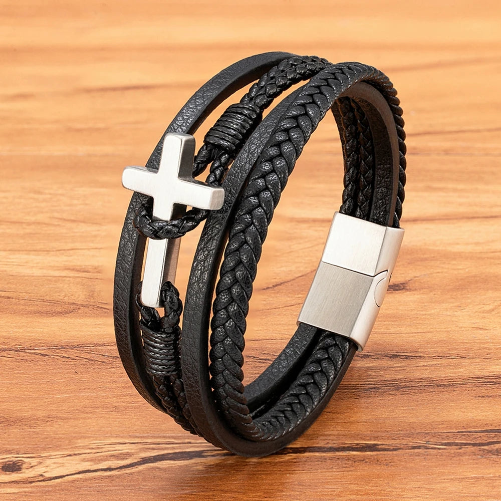 XQNI New Cross Men's Leather Bracelets Stainless Steel Magnet Clasp Charms Fashion Punk Bangle Homme Christian Jewelry Gifts