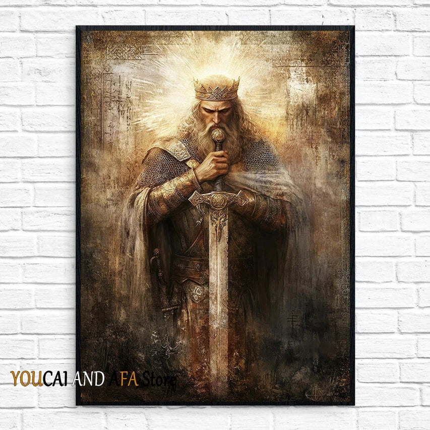 King Arthur and Excalibur Sword in The Stone Sikh Kirpan Sword Excalibur Hilt Poster Canvas Painting Wall Pictures Home Decor