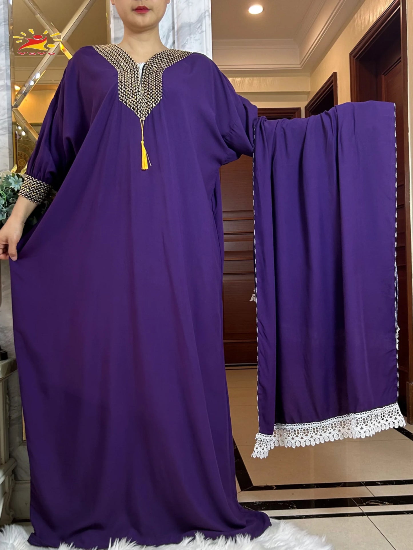 2025New Muslim Women Long Sleeve Autumn Dress Cotton With Big Scarf Boubou Maxi Islam Women Dress African Abaya