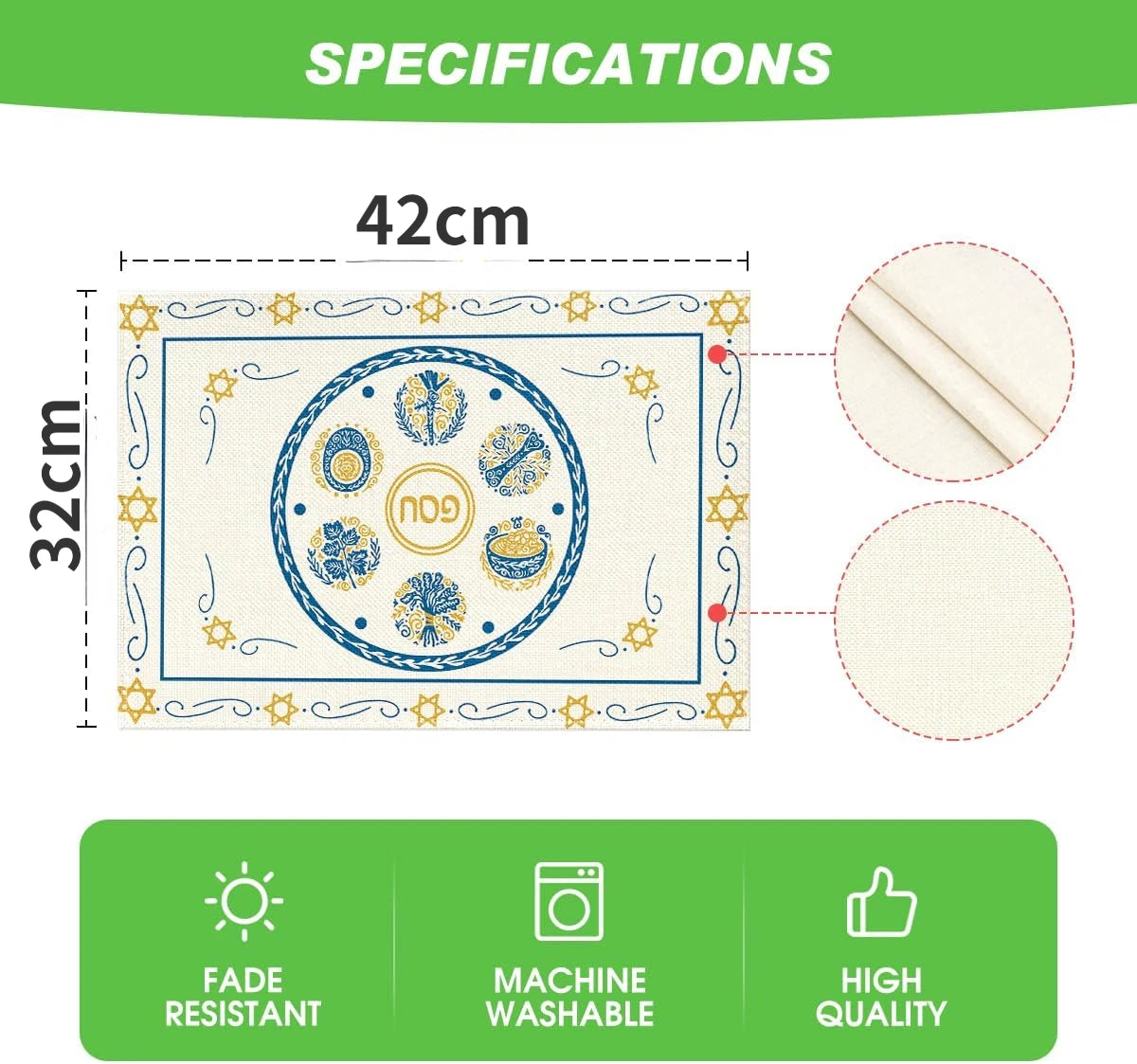 4pcs Passover Linen Placemats Kitchen Table Decor Seder Plate Pesach Matzoh Star of David Jewish Party Placemats Passover Decor