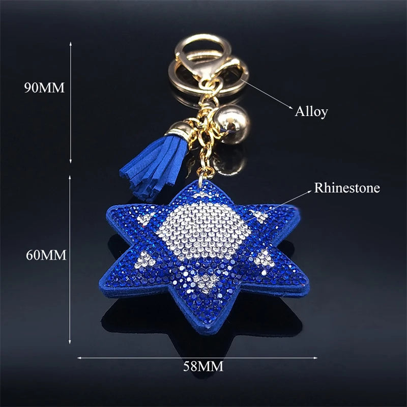 2024 Judaism Hexagram Blue Crystal Bag Accessories Women Turkey Eye Alloy Gold Color Key Chain Jewelry ojo turco KK11S05