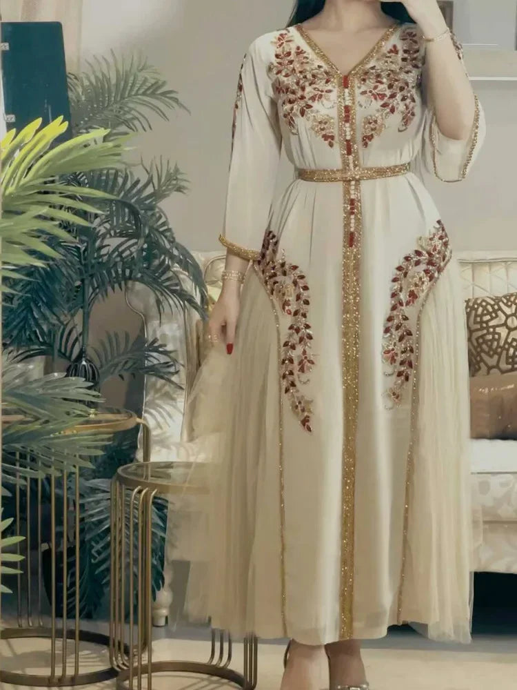 India Turkey Muslim Abaya Dresses Women Elegant Diamond Wedding Evening Party Dress Lace Belted Abaya Morocco Caftan Robe