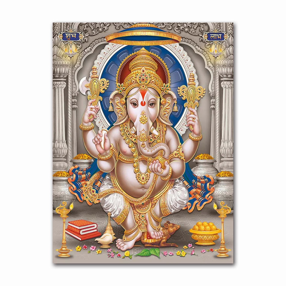 India Hindu Golden Ganesha Temple Poster Shiva Parvati Painting Canvas Prints Elephant God Religion Picture Room Hoom Wall Decor