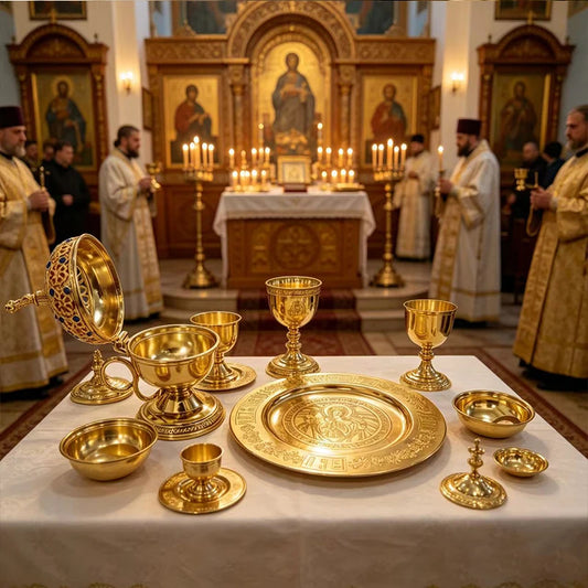 Gold Plated Orthodox Liturgical Communion Set Chalice Paten Spoon for Church Eucharist Service Christian Religious Supplies Deco