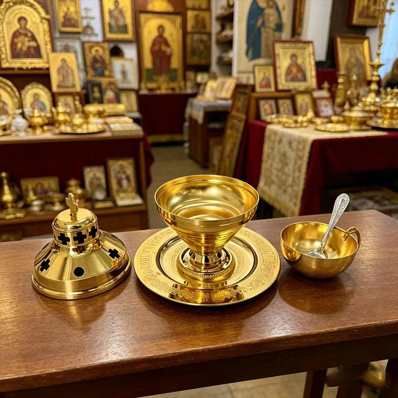 Luxury Gold Plated Orthodox Incense Burner Censer Set with Tray Spoon for Church Liturgy Home Altar Prayer Devotion Christian