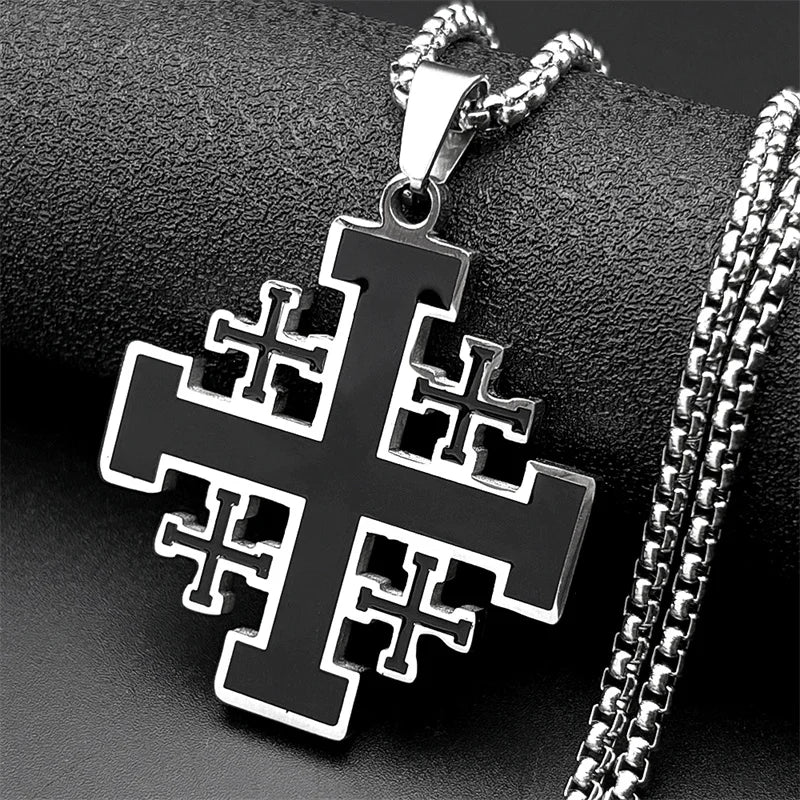 Christian Jerusalem Cross Pendant Necklace for Men Women Stainless Steel Bible Verse Lord's Prayer Chain Jewelry collar N3239S02