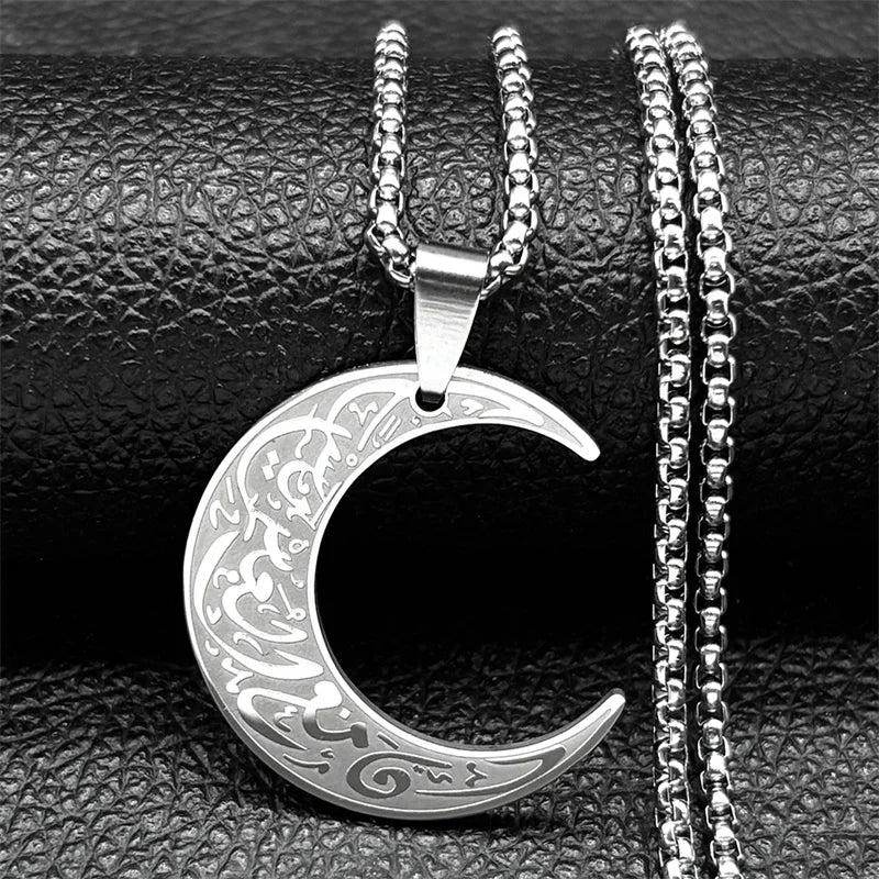 Crescent Moon Islamic Muslim Pendant Necklace for Women Men Stainless Steel Gold Color Arabic Quran Chain Amulet Jewelry Gift