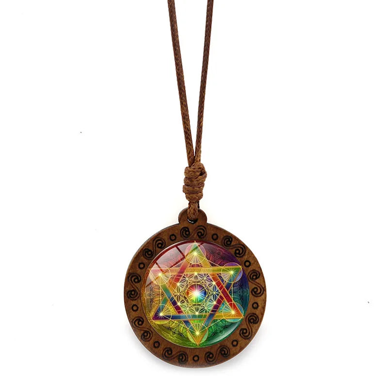 Vintage Archangel Metatron Cube Wooden Necklace Sacred Geometry Hexagram Sri Yantra Amulet Jewelry