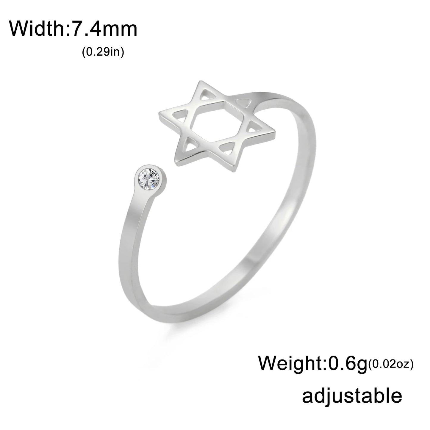 Teamer Jewish Star of David Open Ring with Clear Zircon Stainless Steel Ring Women Hexagram Jewelry Birthday Gift Wholesale