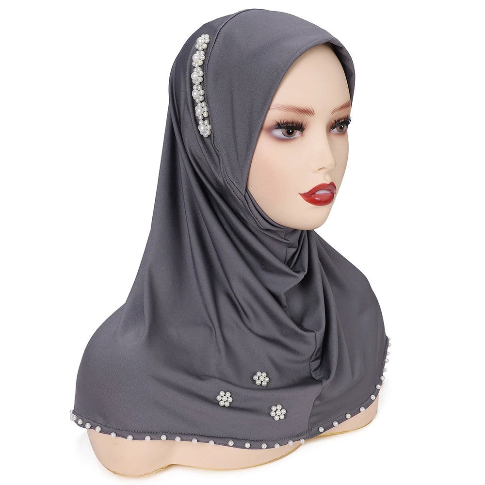 Trendy Muslim Instant Hijab Beads Bonnet Stretch Scarf Islamic Headband Jersey Hijab Headwrap Turbante for Women
