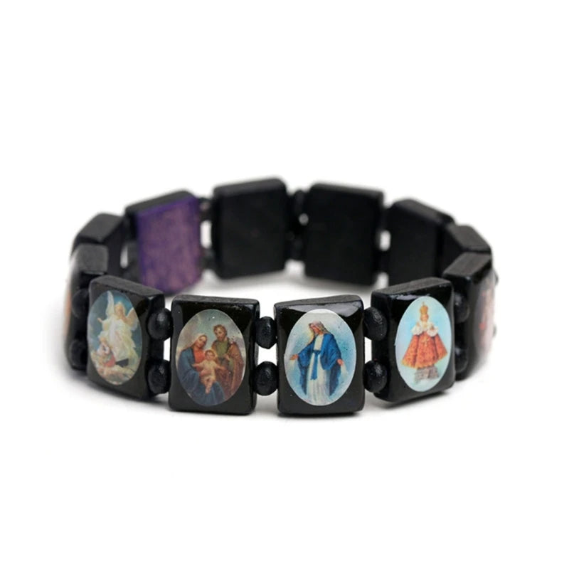 U6XE Wooden Rosary Jesus Bracelet Elastic Coloured Beads Catholic Bangle Religious Saint Holy Gods Devotion Bracelet