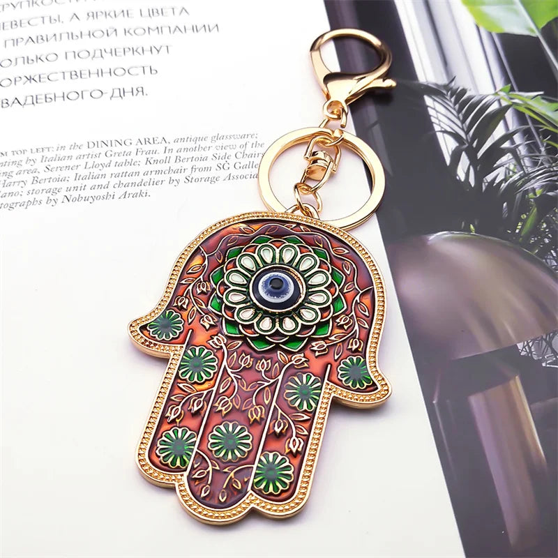 Islam Hand of Fatima Turky Blue Eyes Keychain Lucky Eye Hamsa Hands Flower Keyring Pendant Men Women Jewelry chaveiro para carro