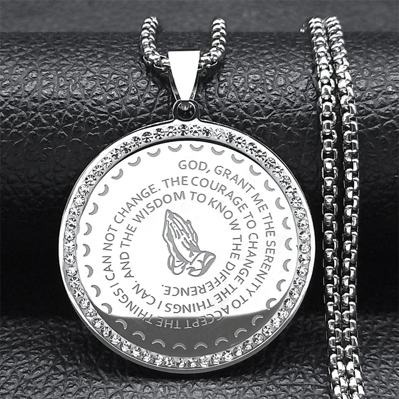 Bible Lords English Serenity Prayer Hand Pendant Necklace for Women Men Stainless Steel Blessing Chain Jewelry collares NZZZ500