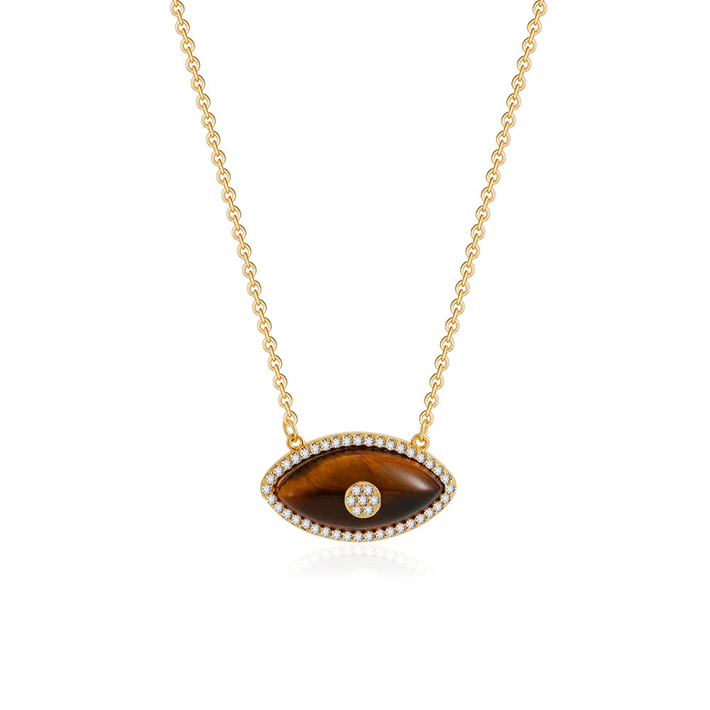Luxury Natural Stone Evil Eye Pendant Necklace Inlaid Zircon Fashion Stainless Steel Clavicle Chain Jewelry Party Gift for Women