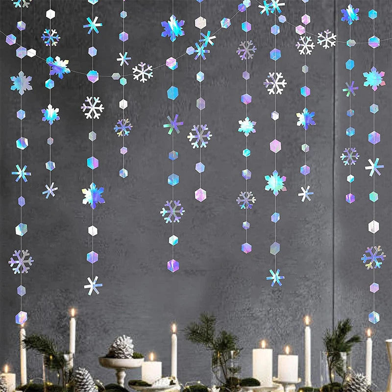 4M Iridescent Christmas Hanging Snowflakes Decor Garlands Winter Wonderland Paper Snowflake Streamer Birthday Party Supplies 