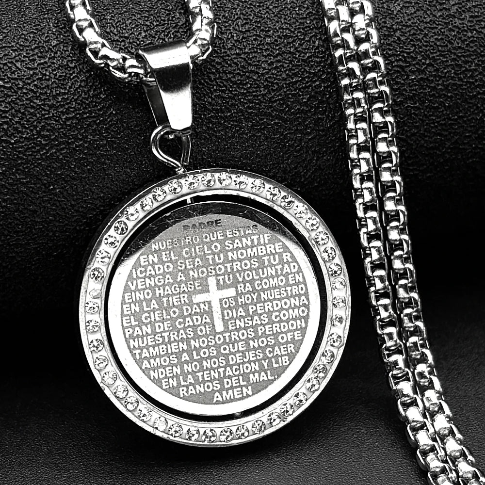 The Lord's Prayer God Jesus Cross Bible Spainsh Verse Necklace for Women Men Stainless Steel Crystals Chain Rotatable Jewelry