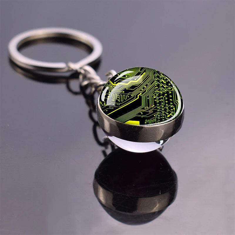 Circuit Board Pattern Keychains Double Sided Glass Ball Pendant Key Chains Computer Geek Keyring Creative Fashion Jewelry Gifts