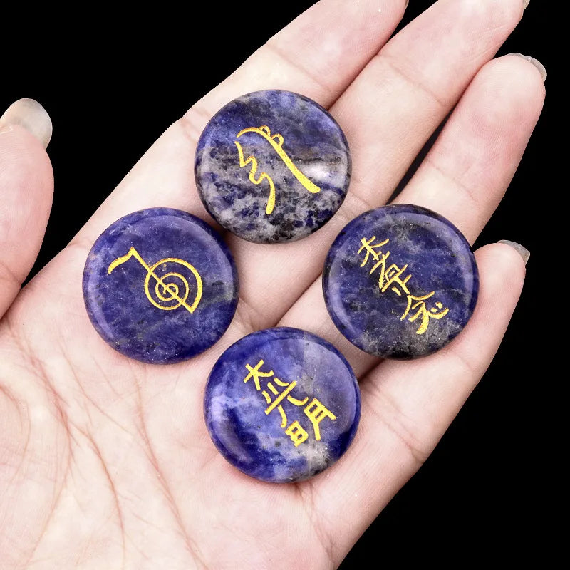 4Pcs Natural Lapis Lazuli Stones Engraved Chakra Symbols Polished Palm Stones for Reiki Crystal Healing Balancing