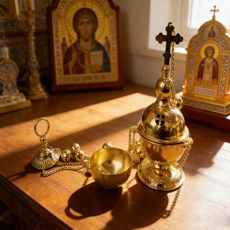 New Gold Plated Catholic Orthodox Hanging Censer Set with Bells for Church Home Altar Incense Burning Religious Devotion Gift