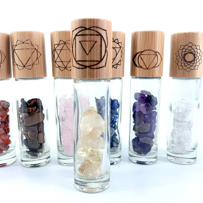 Chakra Stones Reiki Healing Crystal Roller Bottle with Engraved Chakra Symbols Bamboo Cap Balancing Stones 7 pcs P305