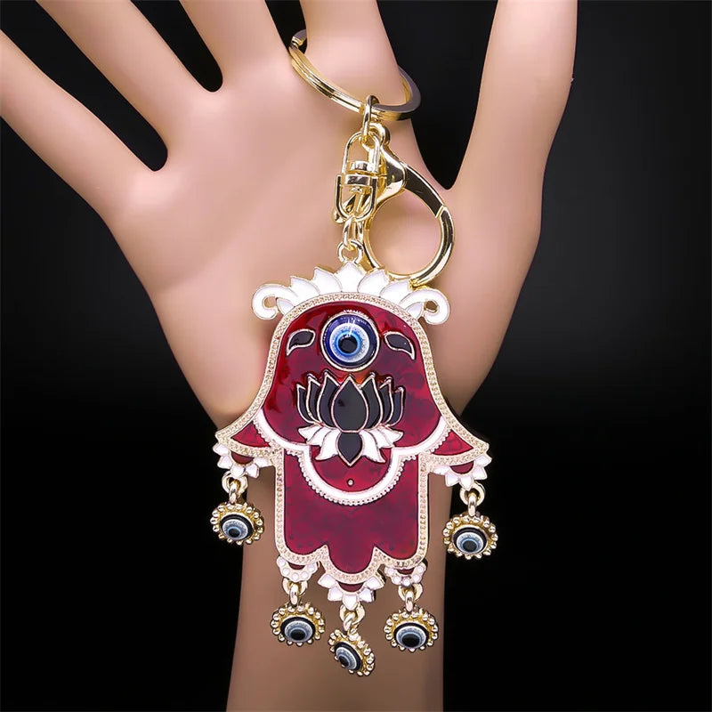 Turkish Lucky Blue Eye Keychain for Women Men Gold Color Metal Hamsa Hand Pendant Charms Bag Car Key Chain Ring Jewelry K9027S01