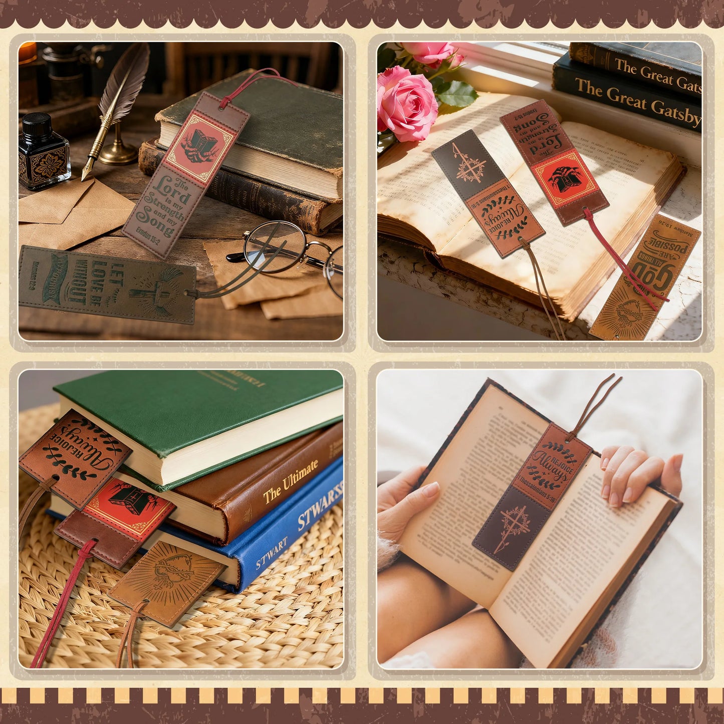 4PCS Inspirational Bible Verse PU Leather Bookmarks for Religious Book Lovers,Readers, Unisex, Teachers, Church, Sunday School