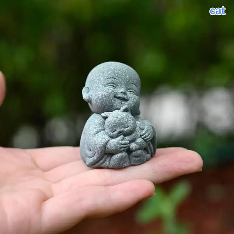 §Embracing Animal Monk Statue, Resin, Stone Zen Garden Decoration, Serene Smiling Sculpture