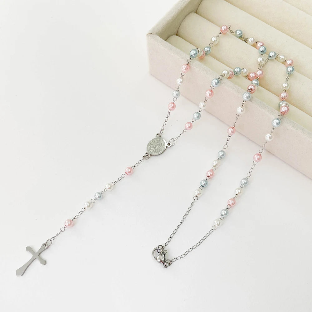 Y Shape Beads Chain Gold Color Stainless Steel Virgin Mary Cross Rosary Pendant Long Necklace Women Girls Jewelry Spiriti Pray