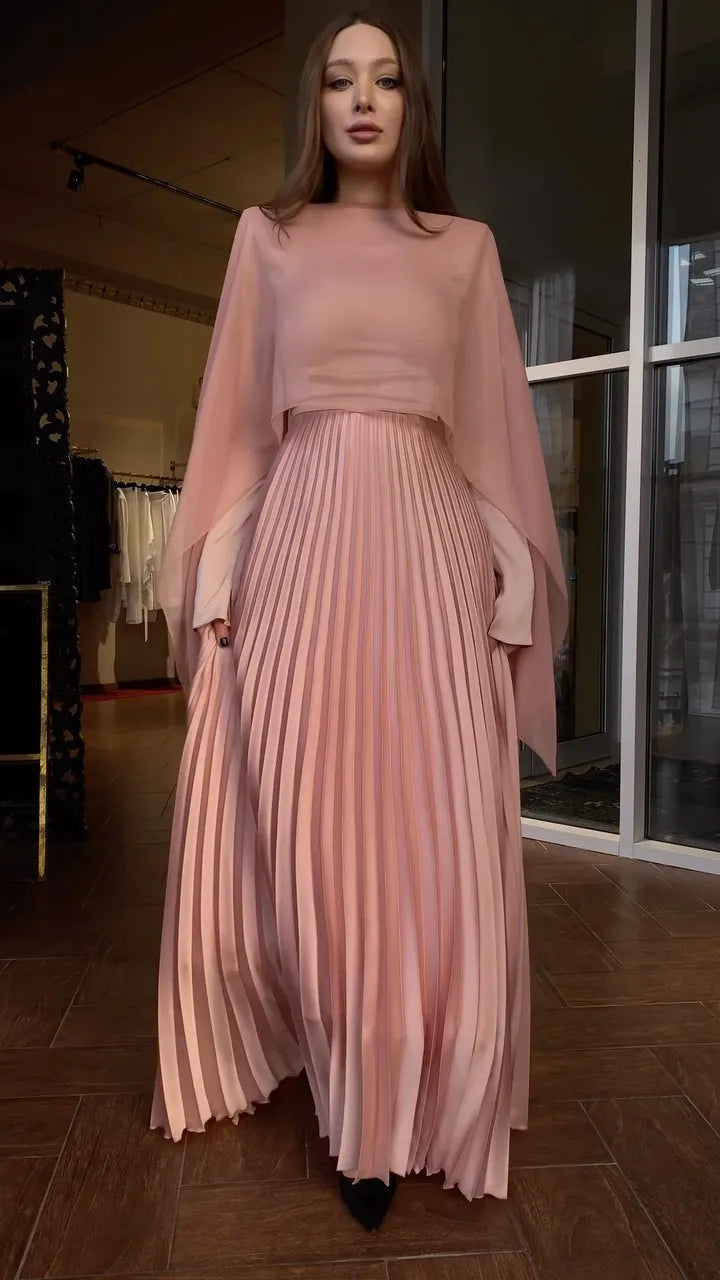 Satin O-neck Long-sleeved Dress for Women Pink Pleated Spring Summer Long Sleeve Muslim Abayas Casual Female Clothing Vestidos