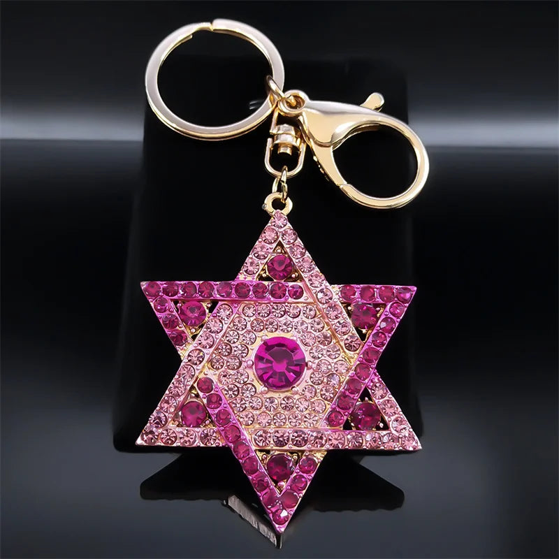 Hexagram Star of David Blessing Keychain for Women Men Pink Rhinestone Gold Color Jewish Key Chains Jewelry chaveiro K9646S01