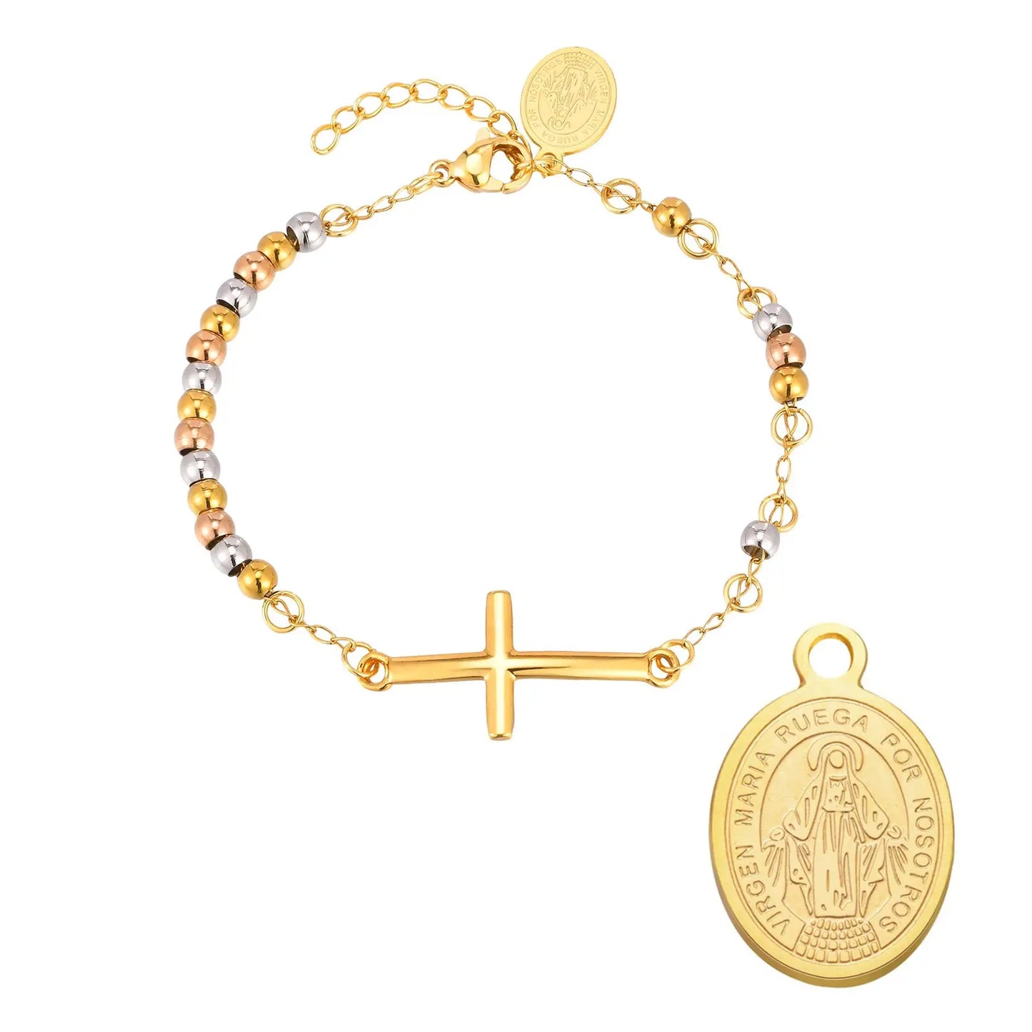 Women's Rosary Cross Virgin Mary Bracelet,Stainless Steel Vintage Charm Beaded Bracelets,Religious Prayer Jewelry Gifts