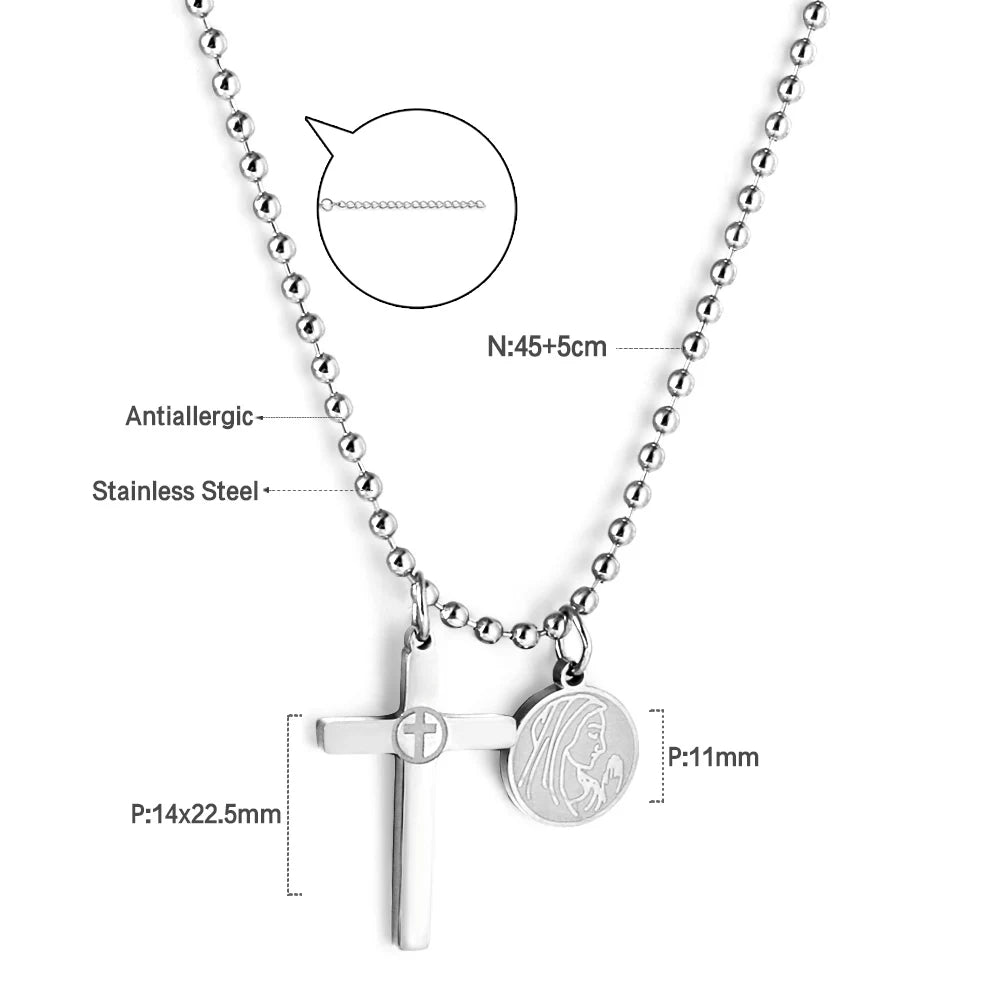 LUXUKISSKIDS Catholic Rosaries Beaded Prayer Cross Pendant Necklace Rosary Prayer Long Stainless Steel Necklaces Collier Jewelry