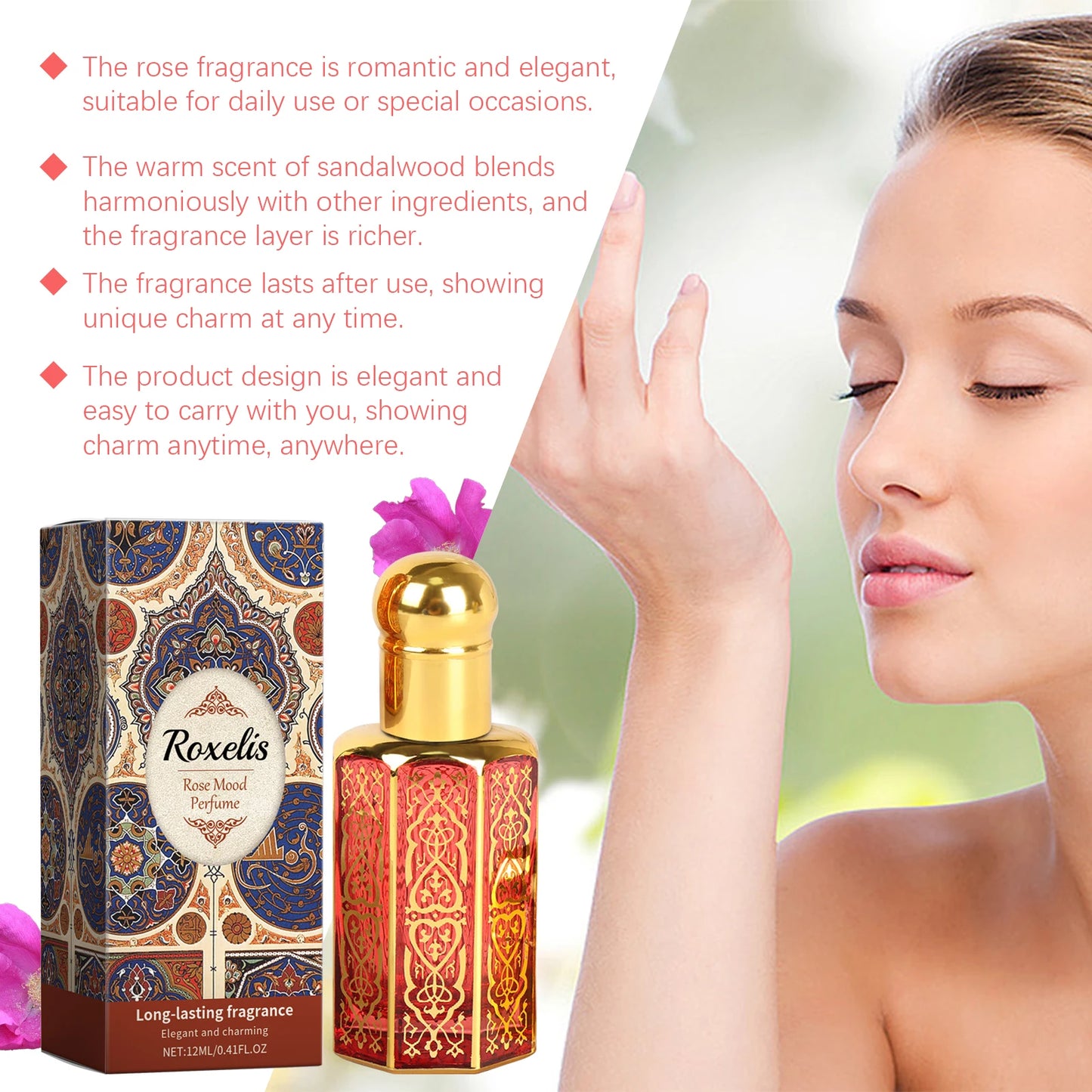 Roxelis 12ml Arab Perfume Rose Elegant Fragrance Arab Dubai Style Lasting Pheromone Dating Scent Attract Charming Rose Perfume
