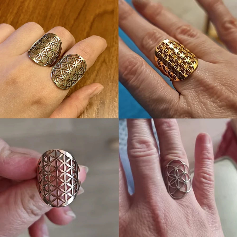 Unift Sacred Geometry Flower of Life Ring Adjustable Stainless Steel Ring Men Women Accessories Vintage Filigree Jewelry Gifts