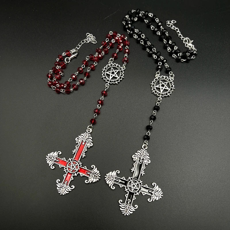 Pentagram Inverted Cross Rosary Baphomet Occult Gothic Sigil of Satanic Jewelry Devil Necklace Trad Goth Jewelry Gift Handmade