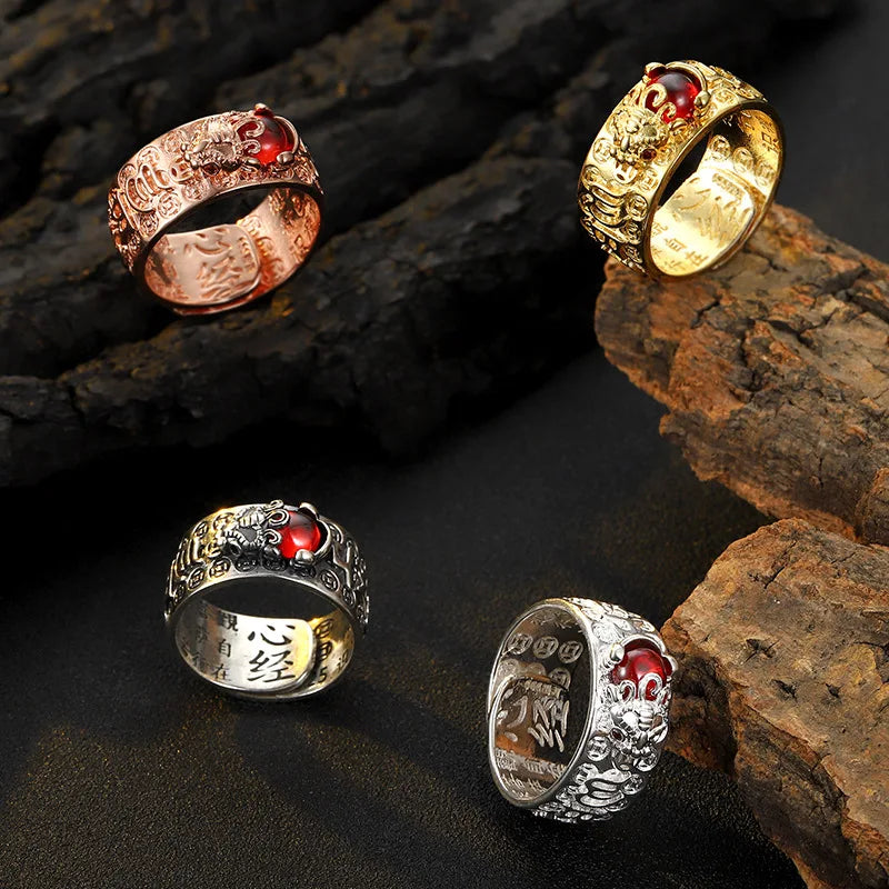 Domineering China Feng Shui Brass Pixiu Ring 2022 Amulet Wealth Good Luck Jewelry Inlaid Red Beads Copper Coin Adjustable Ring