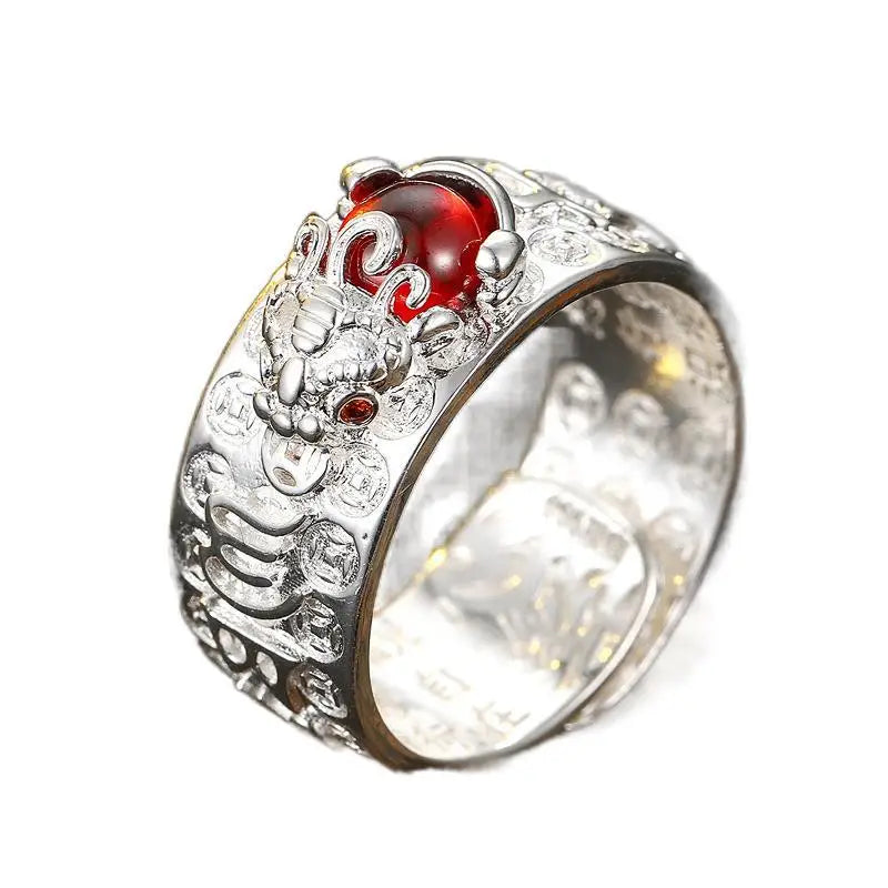 Domineering China Feng Shui Brass Pixiu Ring 2022 Amulet Wealth Good Luck Jewelry Inlaid Red Beads Copper Coin Adjustable Ring