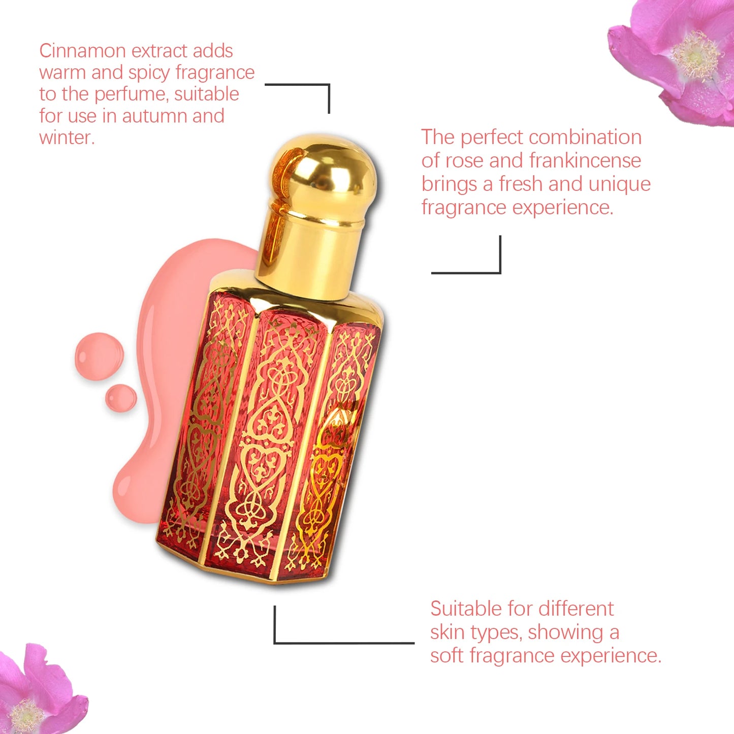 Roxelis 12ml Arab Perfume Rose Elegant Fragrance Arab Dubai Style Lasting Pheromone Dating Scent Attract Charming Rose Perfume