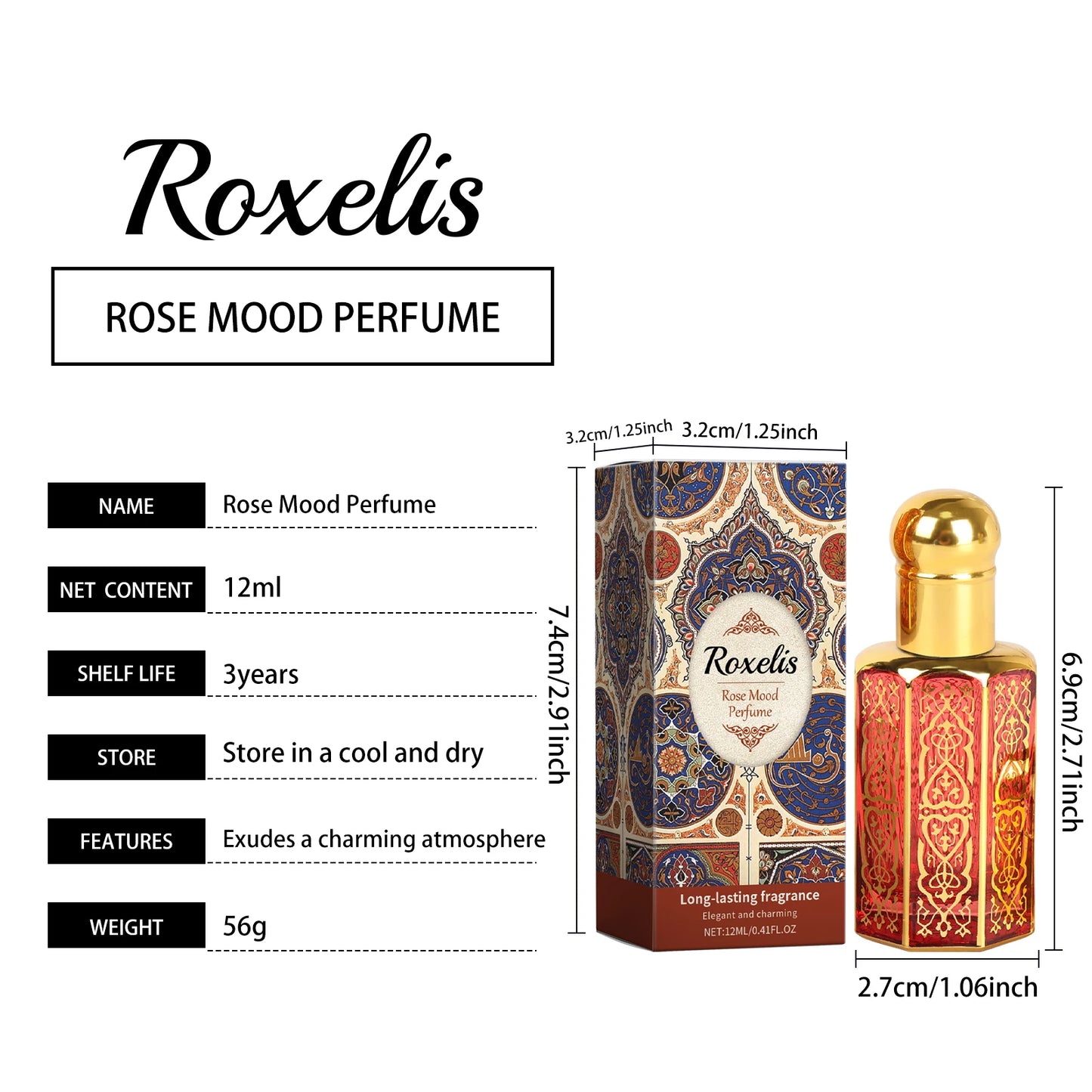 Roxelis 12ml Arab Perfume Rose Elegant Fragrance Arab Dubai Style Lasting Pheromone Dating Scent Attract Charming Rose Perfume