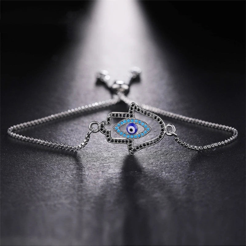 Juya Handmade Copper Adjustable Chains Micro Pave Zircon Enamel Greek Evil Eye Of Fatima Hamsa Hand Bracelets For Women Men