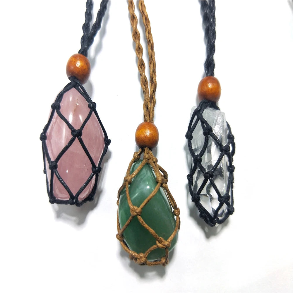Necklace Cord Empty Stone Holder Natural Quartz Crystal Raw Stone Chakra Point Healing Fish Netted Indians Amulets Pendant 1pc
