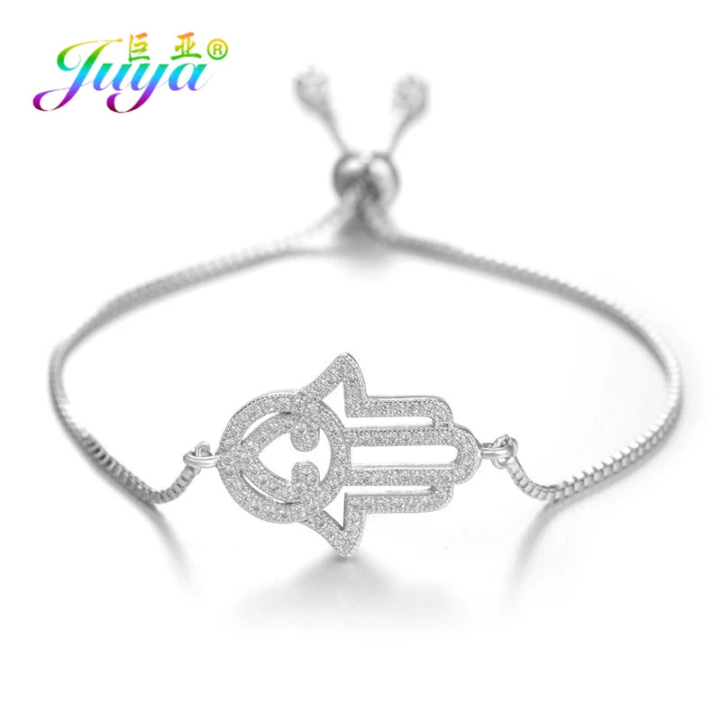 Juya Handmade Copper Adjustable Chains Micro Pave Zircon Enamel Greek Evil Eye Of Fatima Hamsa Hand Bracelets For Women Men