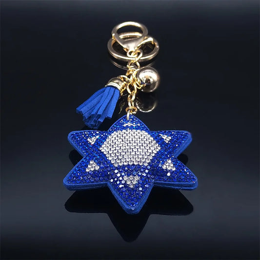 2024 Judaism Hexagram Blue Crystal Bag Accessories Women Turkey Eye Alloy Gold Color Key Chain Jewelry ojo turco KK11S05
