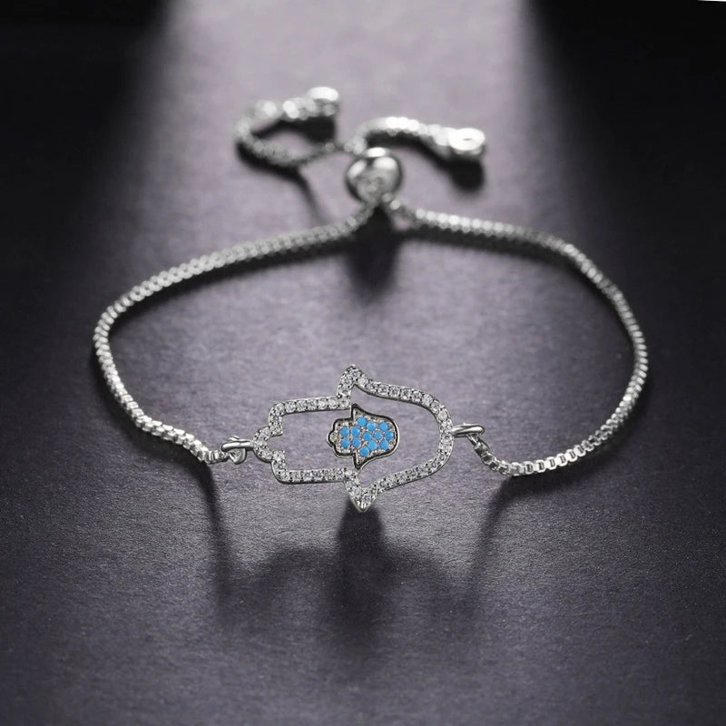 Juya Handmade Copper Adjustable Chains Micro Pave Zircon Enamel Greek Evil Eye Of Fatima Hamsa Hand Bracelets For Women Men