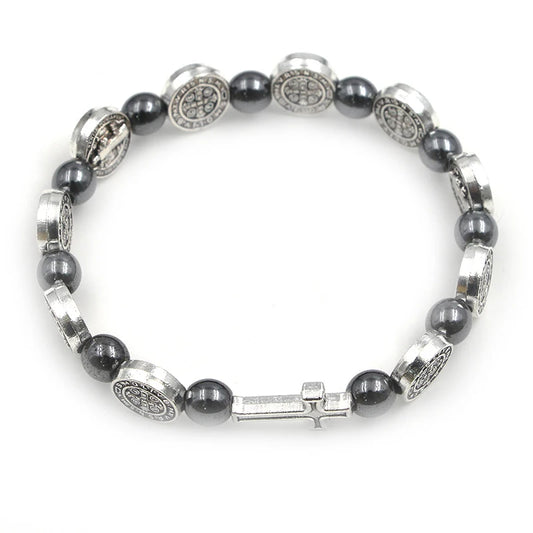 VILLWICE Catholic Rosary Bracelet St. Benedict Medal Cross Prayer Bracelets Hematite Beads Religion Jewelry Accessories