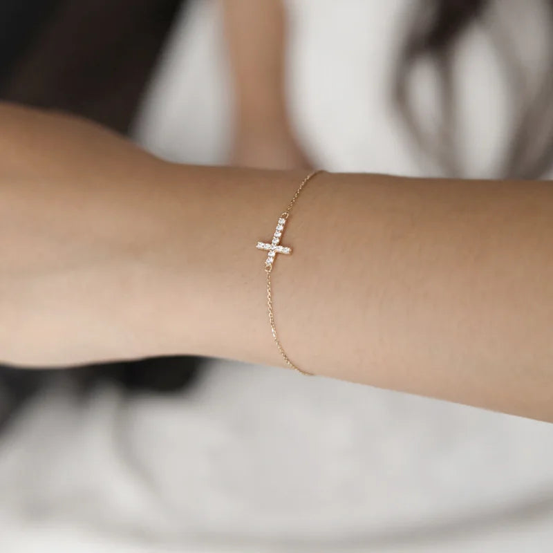Timeless Classic Inlaid Zircon Cross 925 Sterling Silver 14K Gold Plated Thin Bracelet for Women Party Jewelry Gifts