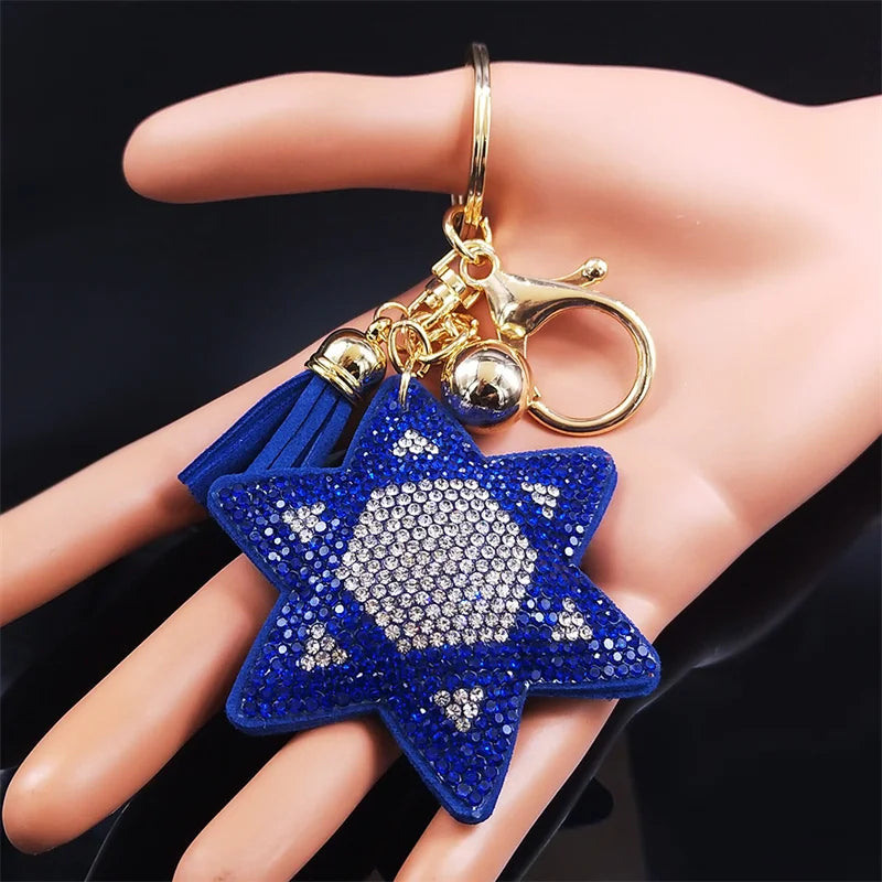2024 Judaism Hexagram Blue  Crystal Bag Accessories Women Turkey Eye Alloy Gold Color Key Chain Jewelry ojo turco KK11S05