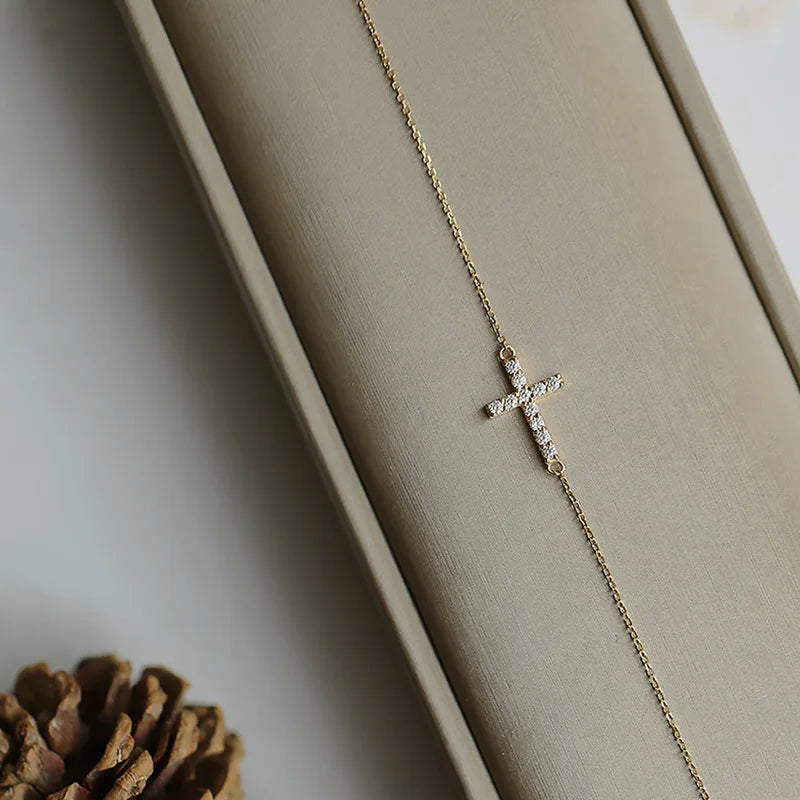 Timeless Classic Inlaid Zircon Cross 925 Sterling Silver 14K Gold Plated Thin Bracelet for Women Party Jewelry Gifts